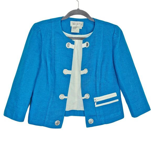 Blue White Nautical Cotton Linen Resort Blazer Suit Jacket Sailor Beachy Boating - Picture 1 of 12